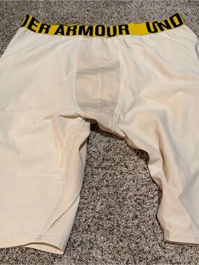 Under Armour White Compression Shorts with Yellow Waistband